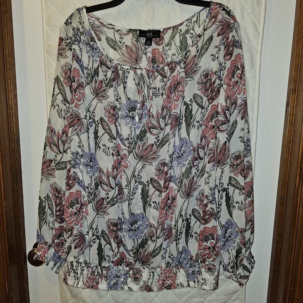 2x AGB Pink and Purple Floral Long Sleeve Blouse Pullover Top Shirt